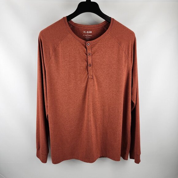 01.Algo Henley Shirt Mens XL Long Sleeve Performance Rust Brown Breathable - Picture 1 of 6